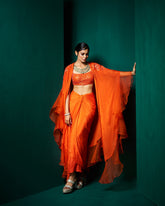 Zoha Drape Skirt Set with Rufflecape - Persimmon Orange